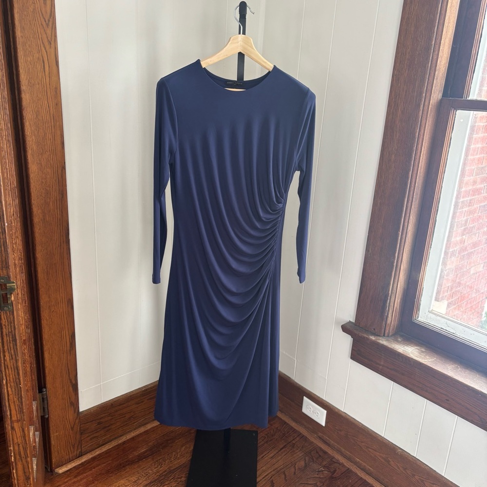 Banana Republic Navy Ruched Knit Shirred Midi Dress Long Sleeve Women’s L NWT
